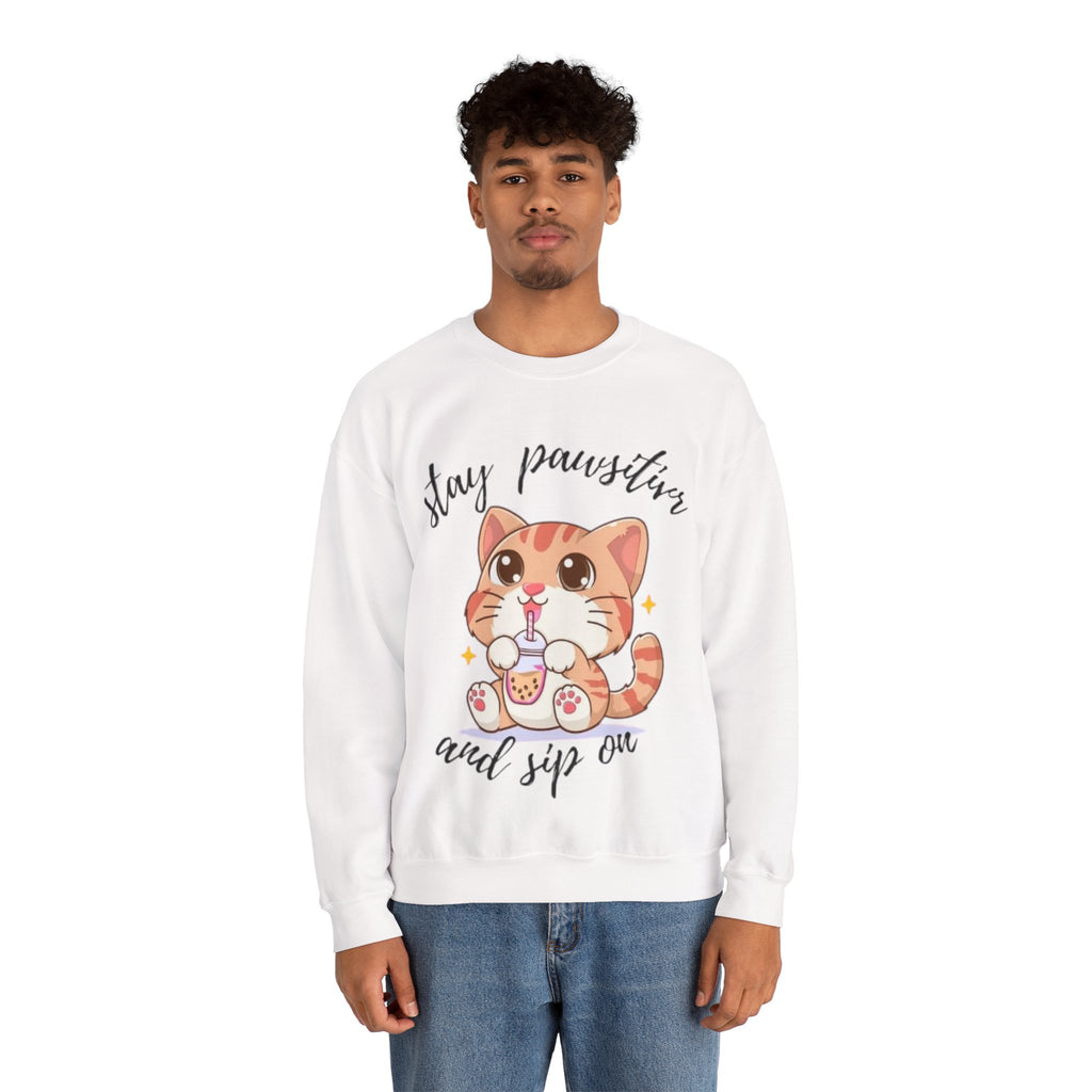 Cute Cat Crewneck Sweatshirt, Stay Pawsitive Sweatshirt, Animal Lover Gift, Cozy Pullover, Perfect for Cat Lovers