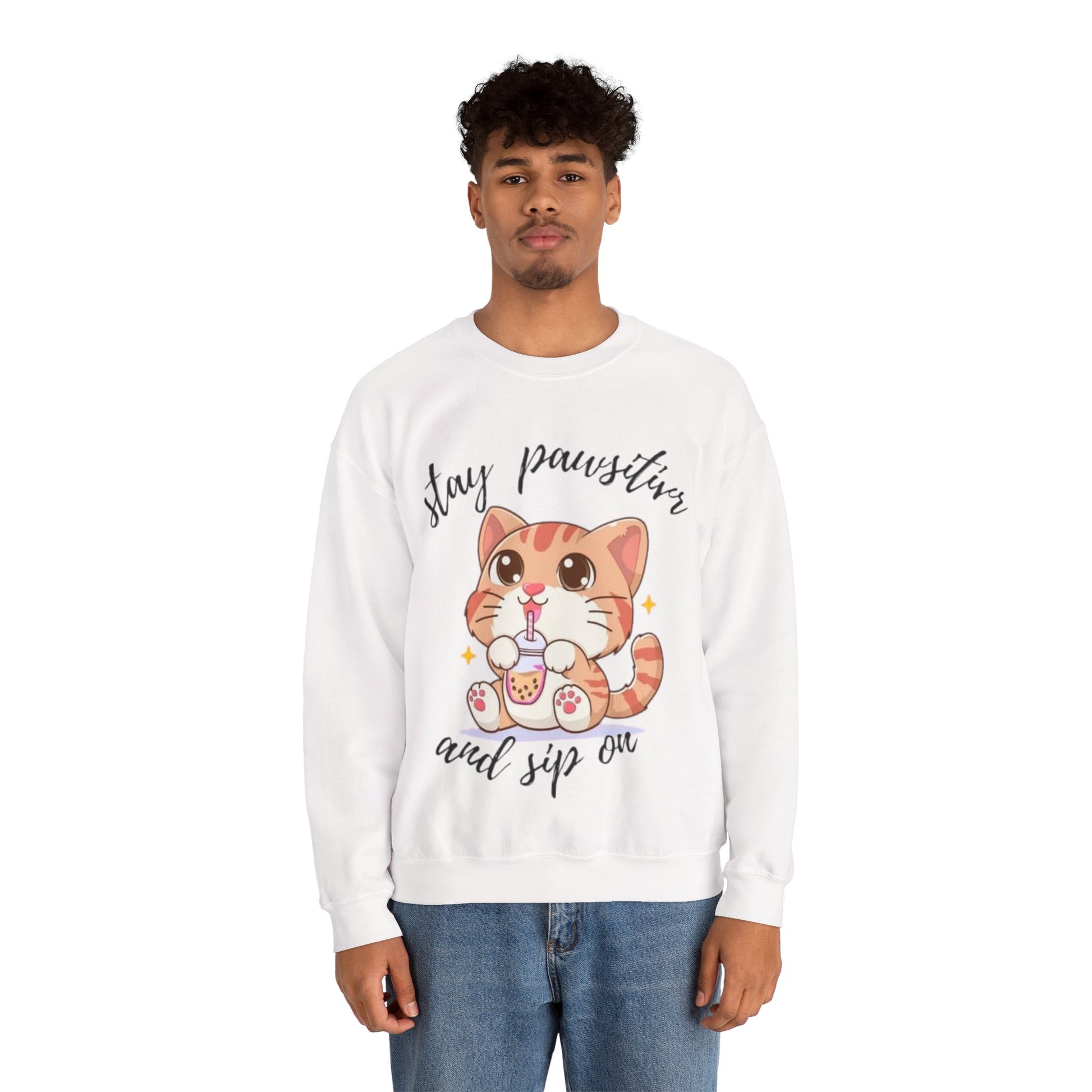 Cute Cat Crewneck Sweatshirt, Stay Pawsitive Sweatshirt, Animal Lover Gift, Cozy Pullover, Perfect for Cat Lovers