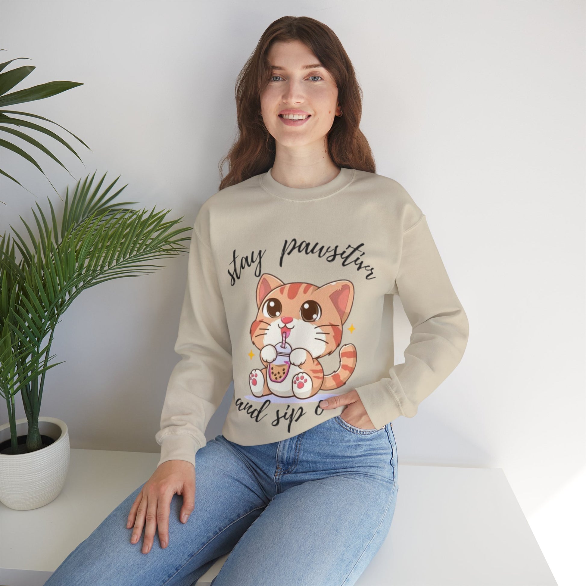 Cute Cat Crewneck Sweatshirt, Stay Pawsitive Sweatshirt, Animal Lover Gift, Cozy Pullover, Perfect for Cat Lovers