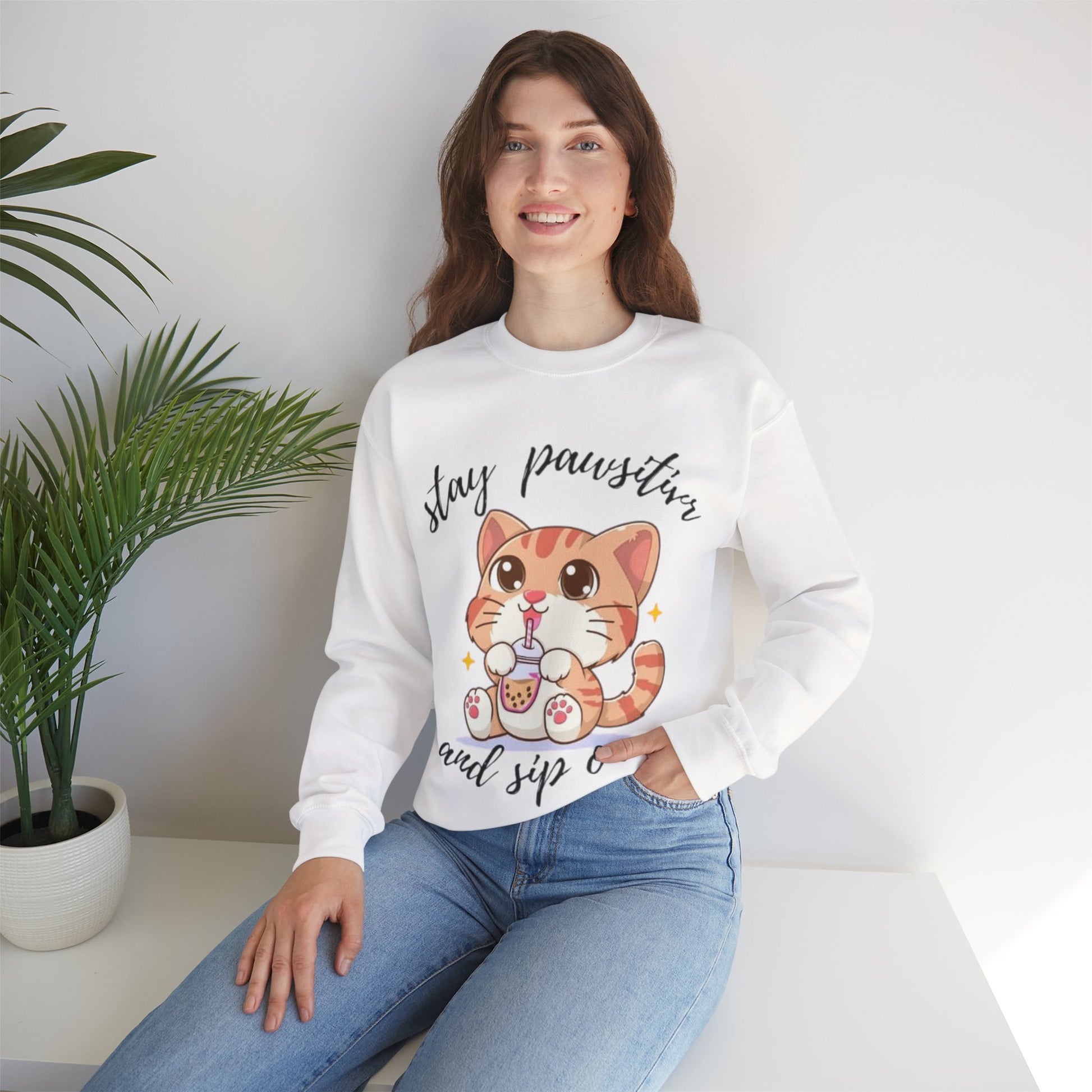 Cute Cat Crewneck Sweatshirt, Stay Pawsitive Sweatshirt, Animal Lover Gift, Cozy Pullover, Perfect for Cat Lovers