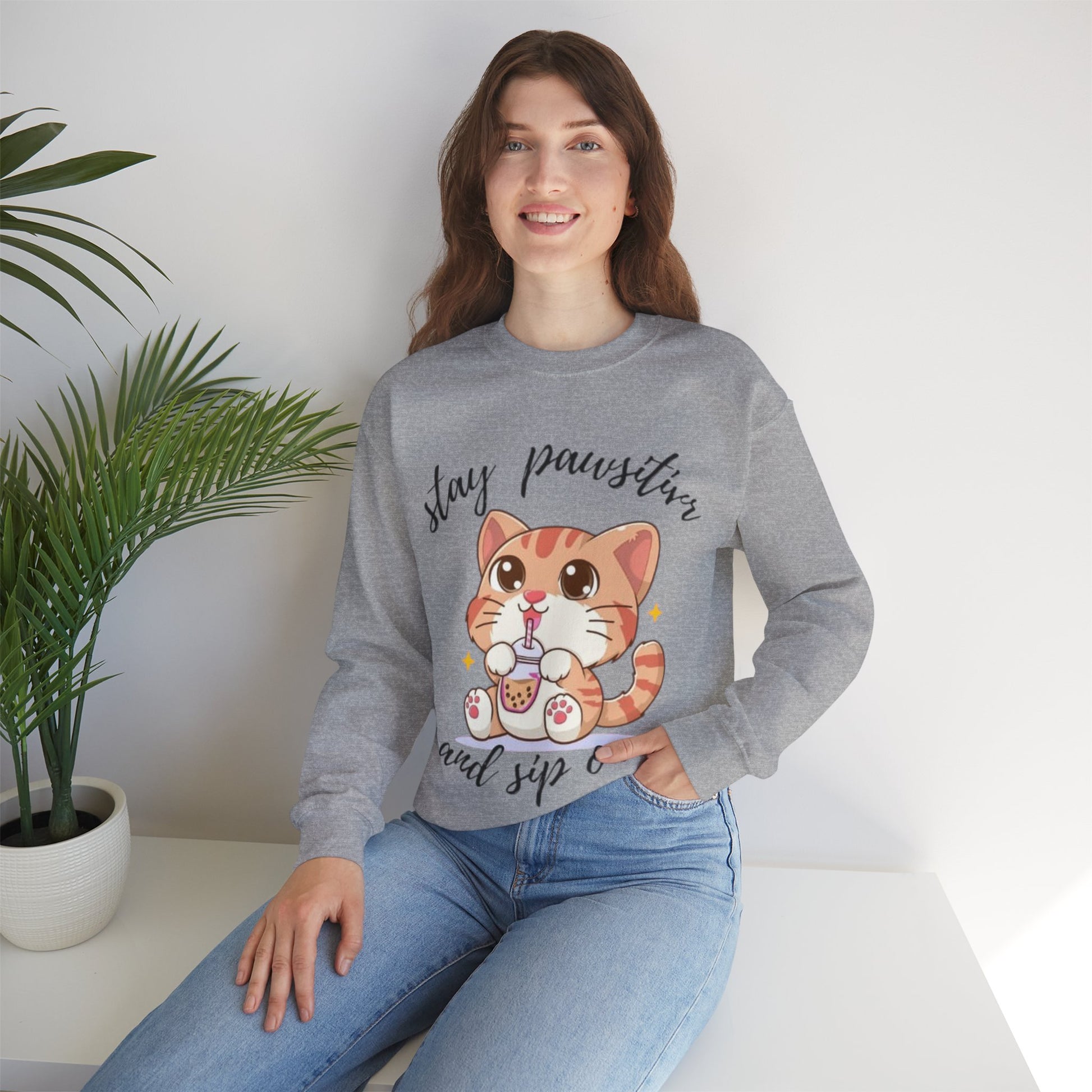 Cute Cat Crewneck Sweatshirt, Stay Pawsitive Sweatshirt, Animal Lover Gift, Cozy Pullover, Perfect for Cat Lovers
