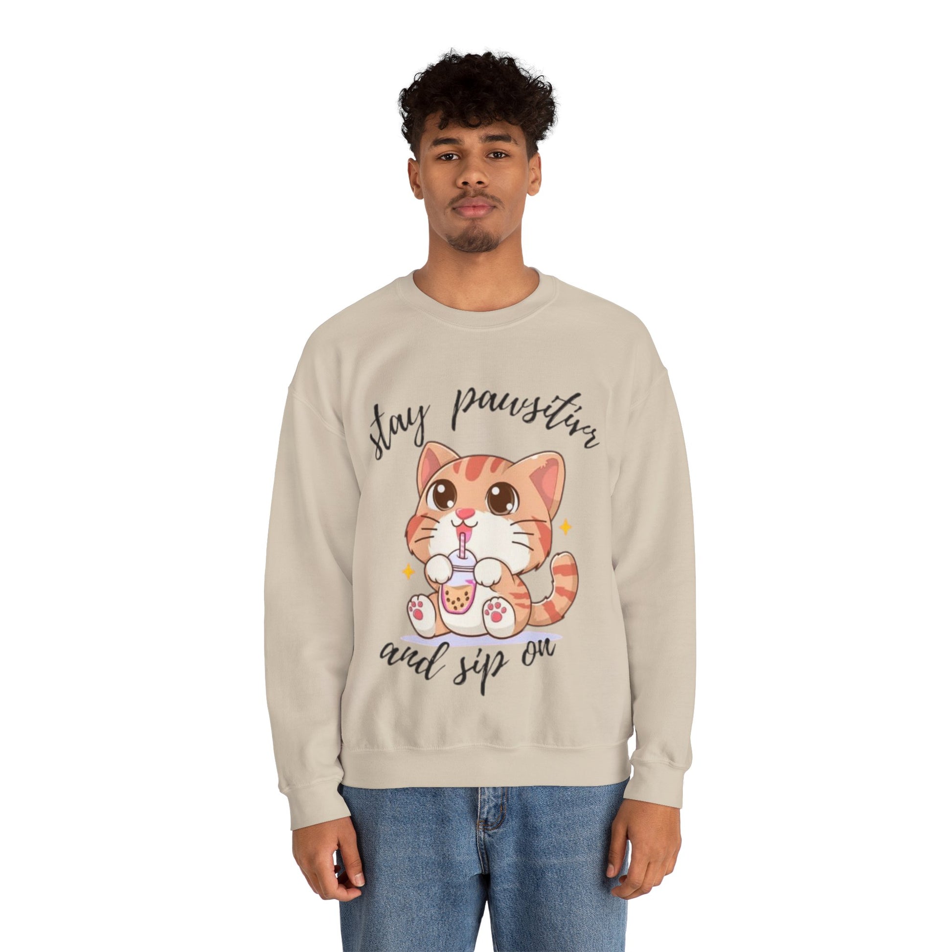 Cute Cat Crewneck Sweatshirt, Stay Pawsitive Sweatshirt, Animal Lover Gift, Cozy Pullover, Perfect for Cat Lovers