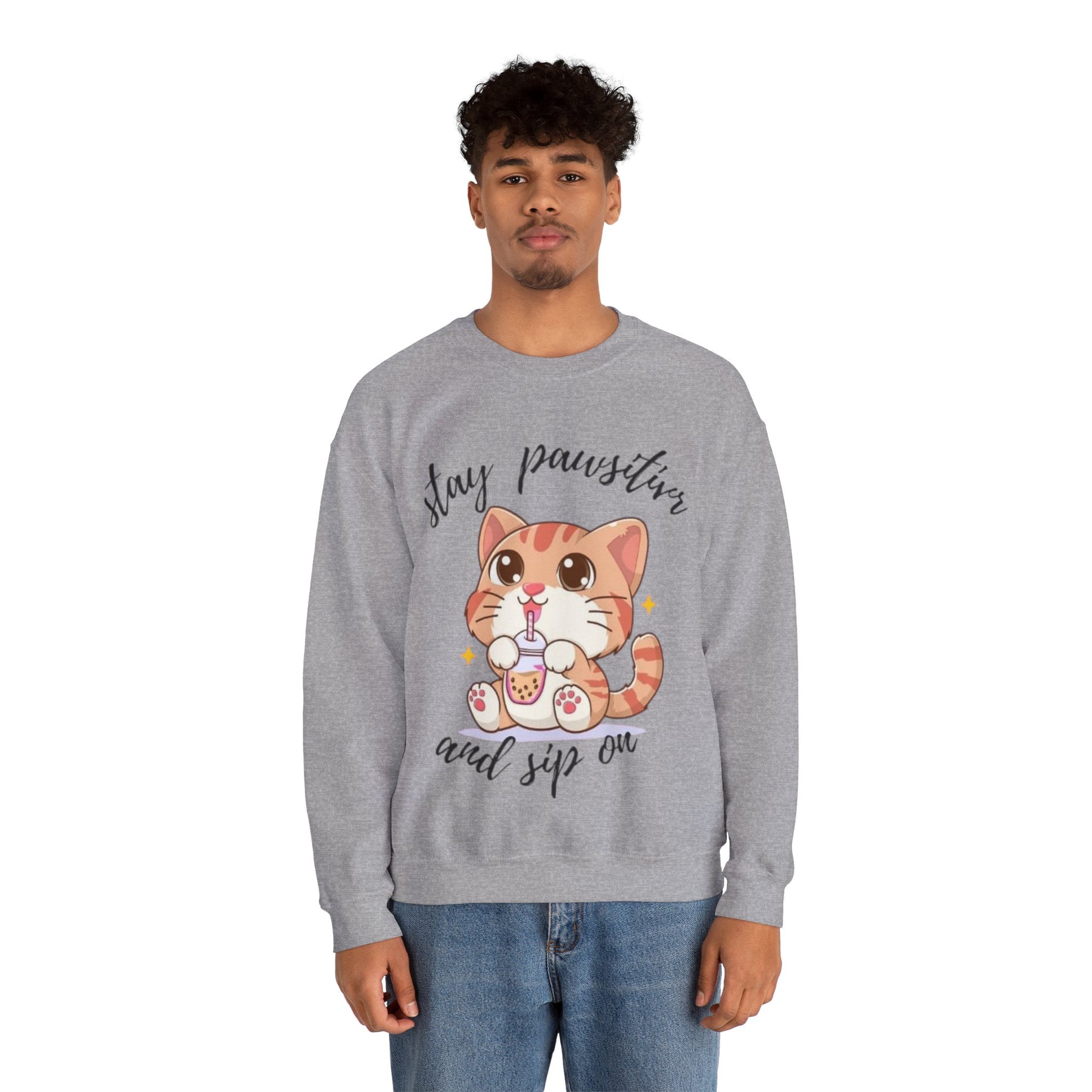 Cute Cat Crewneck Sweatshirt, Stay Pawsitive Sweatshirt, Animal Lover Gift, Cozy Pullover, Perfect for Cat Lovers