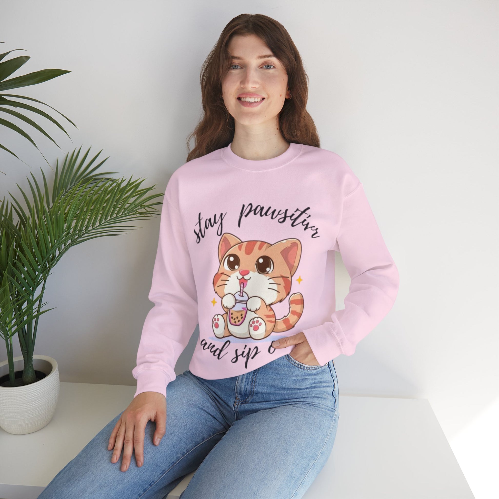 Cute Cat Crewneck Sweatshirt, Stay Pawsitive Sweatshirt, Animal Lover Gift, Cozy Pullover, Perfect for Cat Lovers